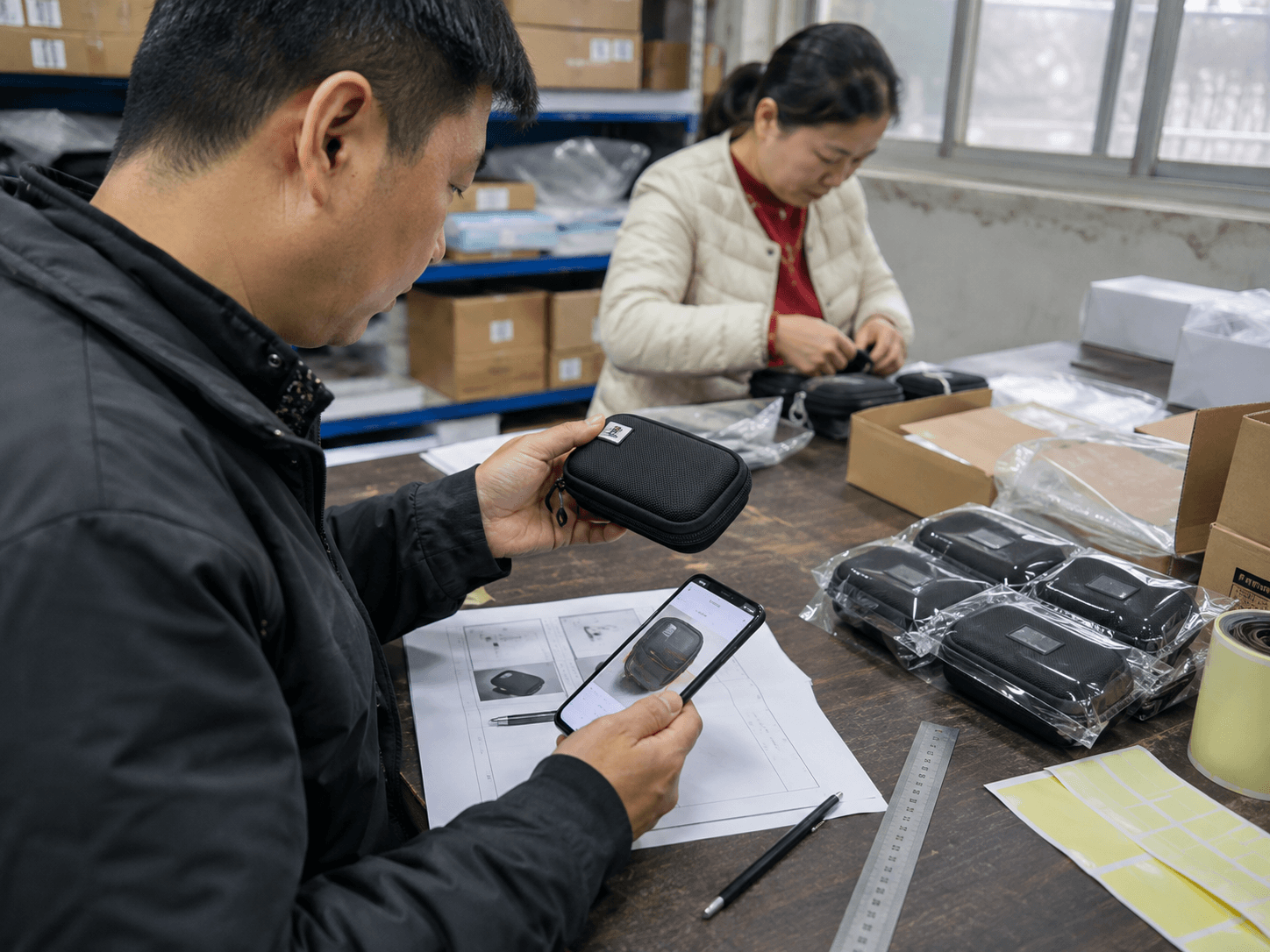 Quality inspector photographing a black product case during a warehouse inspection