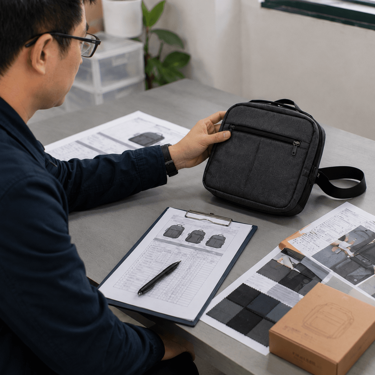 Inspector reviewing a black shoulder bag against specifications and material samples