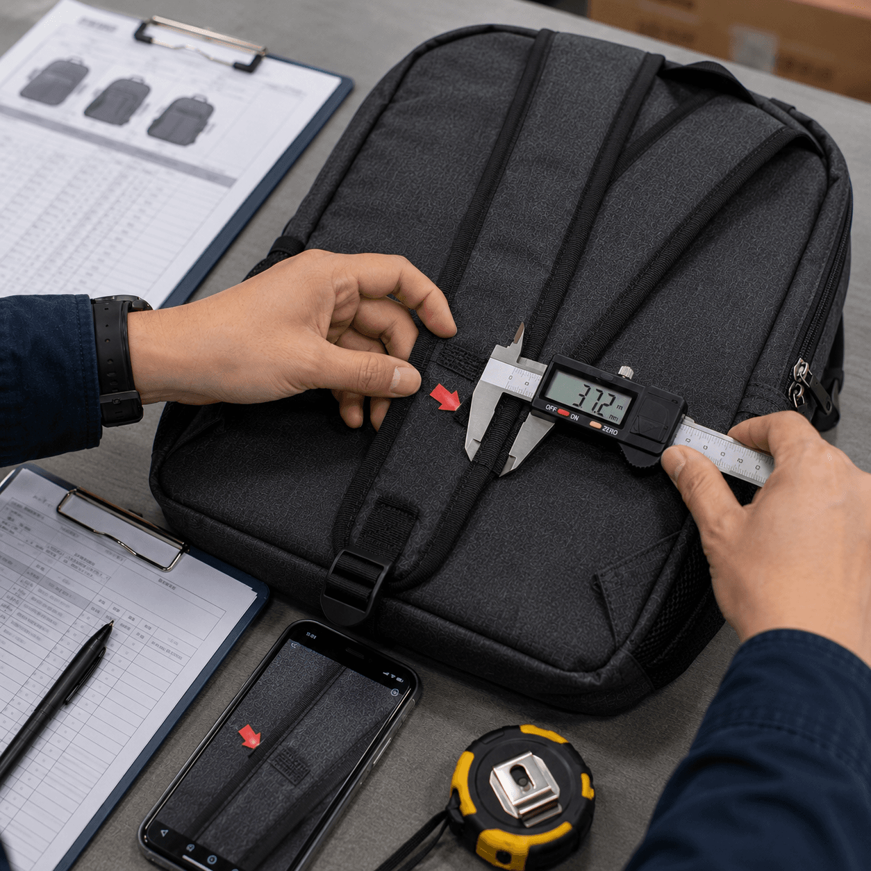 Inspector measuring a backpack strap with digital calipers and recording the result