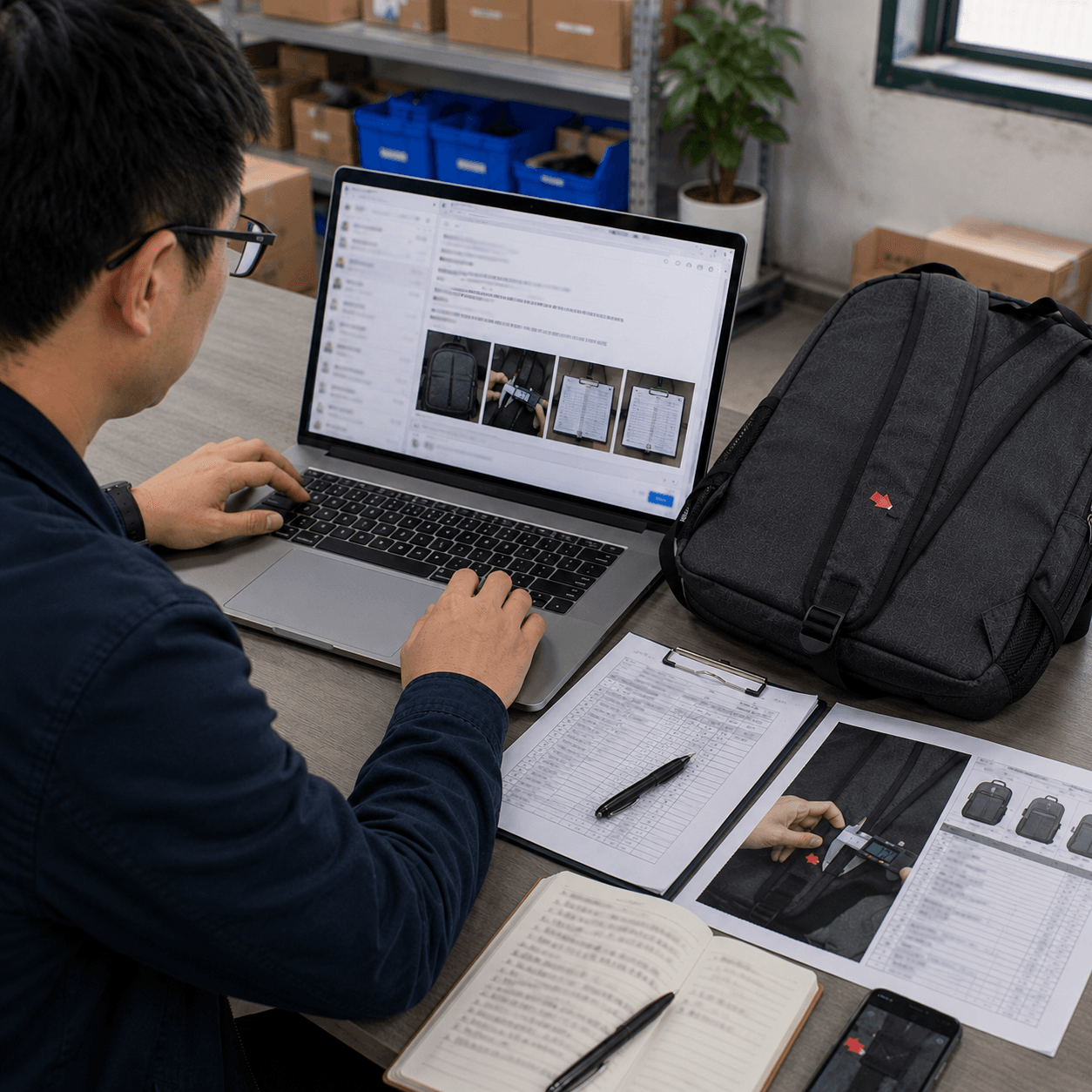 Inspector sharing product photos and measurement findings with the buyer