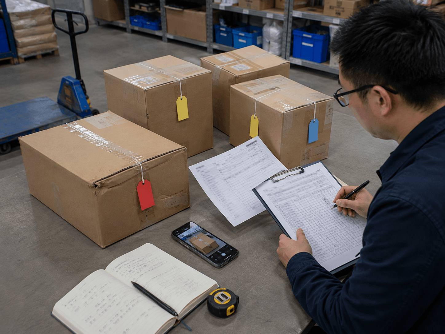 Coordinator recording tagged carton arrivals from multiple suppliers in a China warehouse