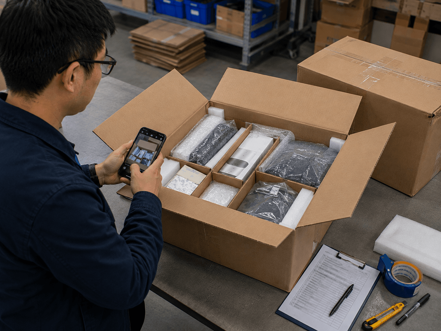 Coordinator photographing the packing arrangement inside a consolidated shipment carton