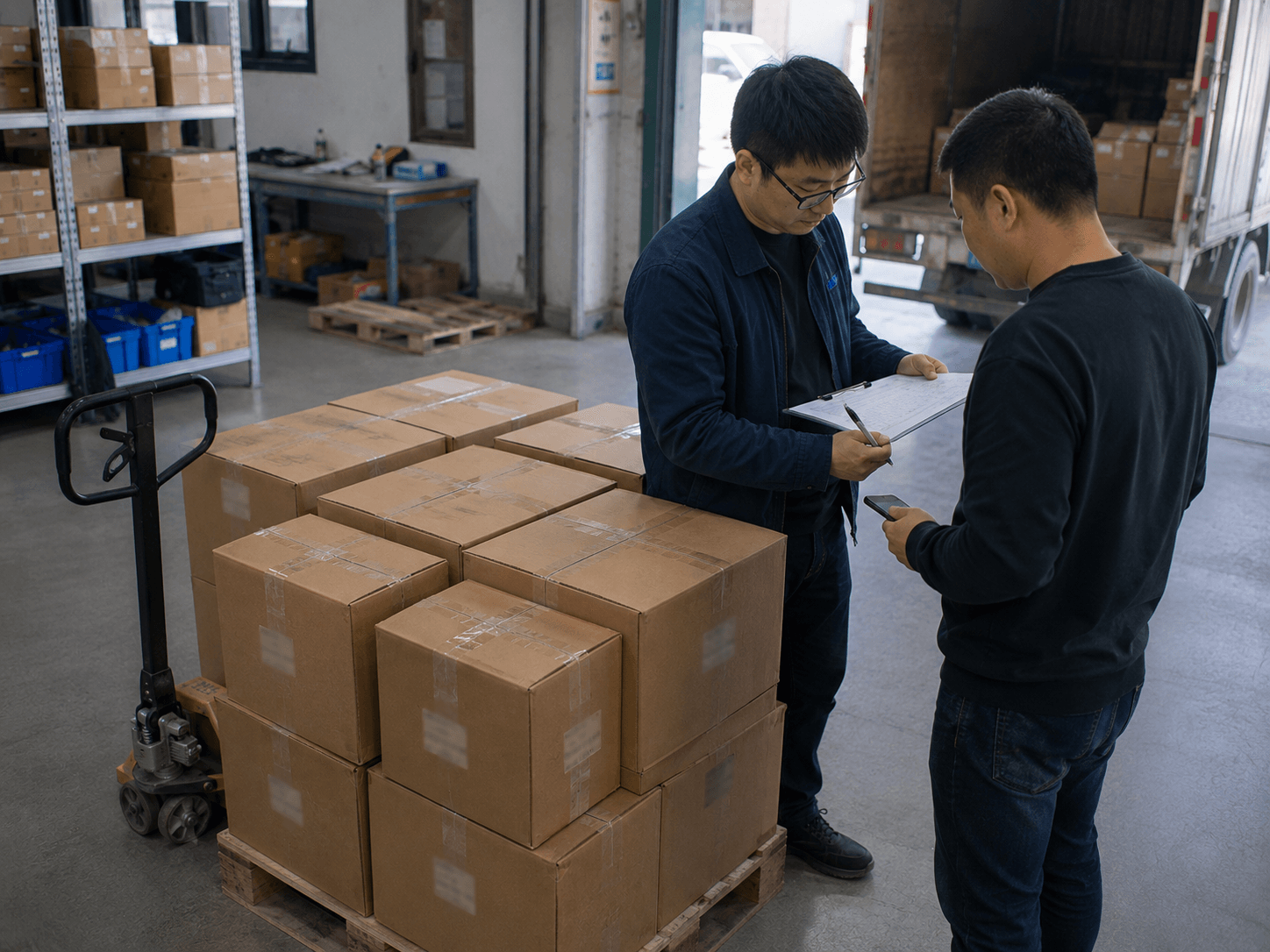 Coordinator confirming carton handover details with warehouse staff before collection