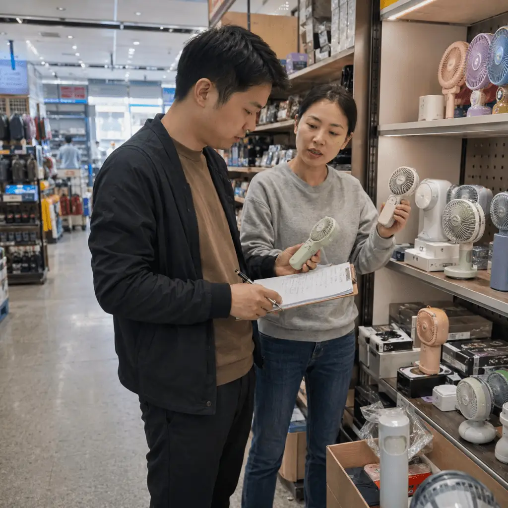 Yiwu sourcing coordinator discussing a product with a supplier at a market stall
