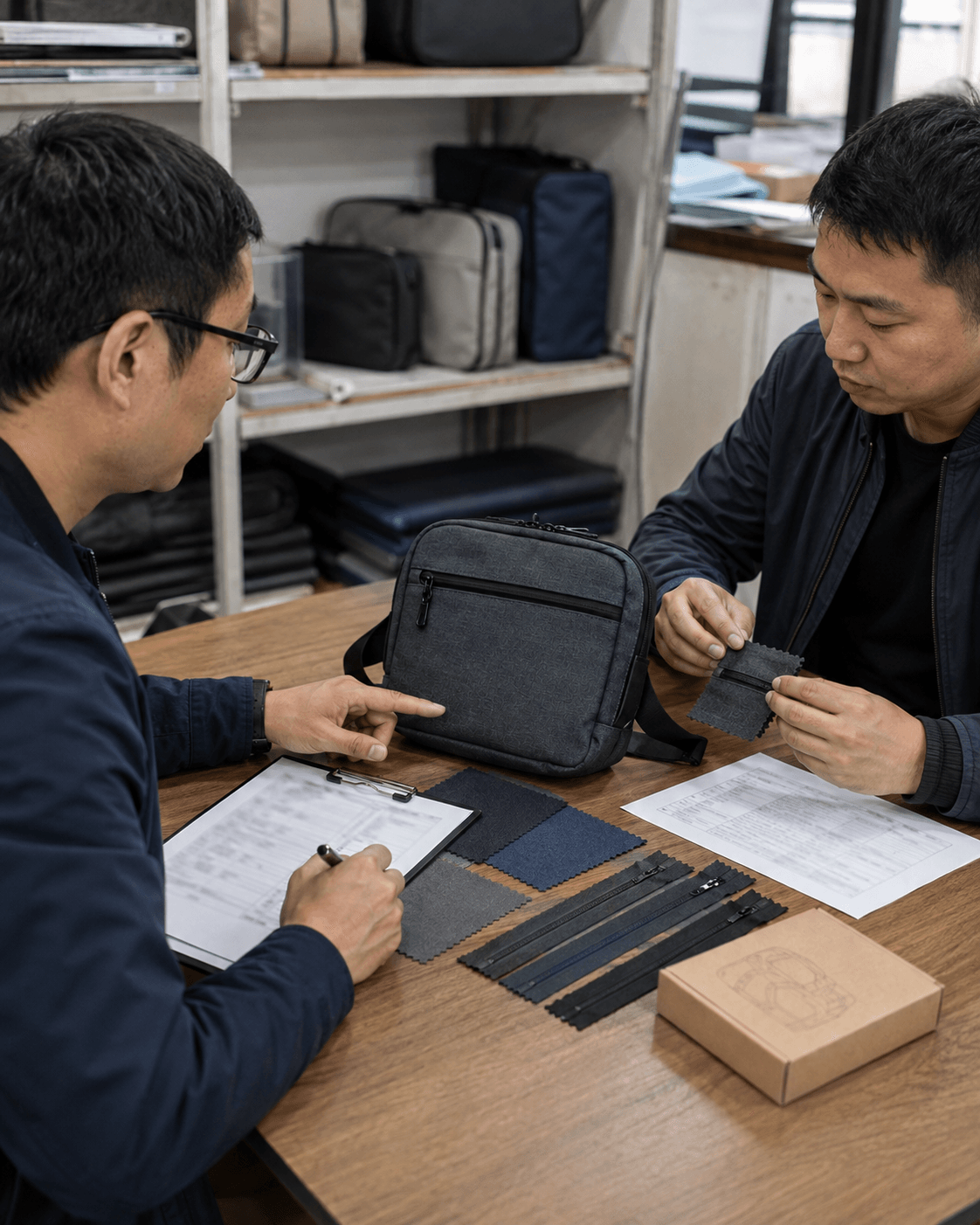Coordinator checking a travel bag against product requirements before shipment