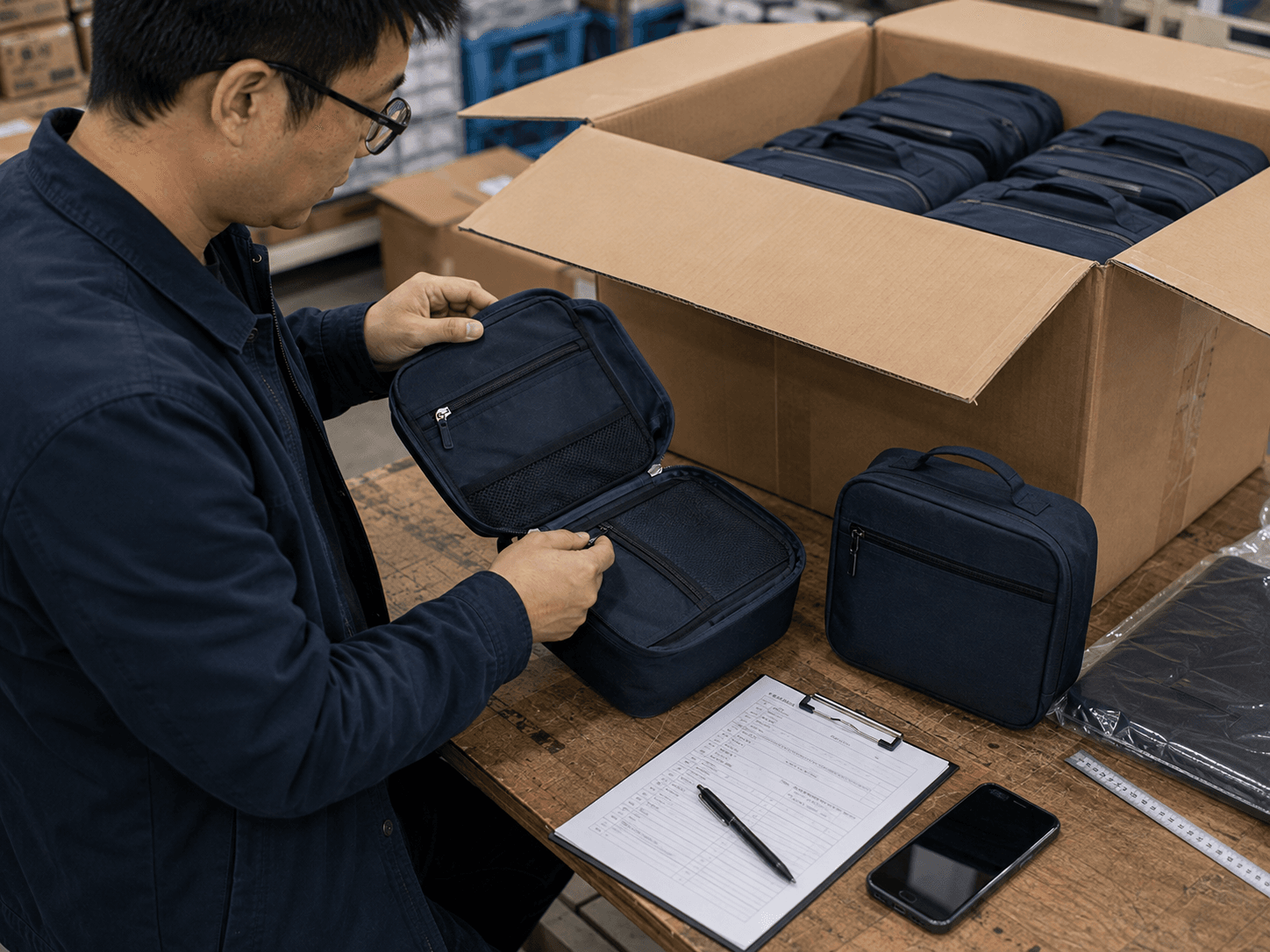Coordinator checking finished travel bags against an order follow-up sheet