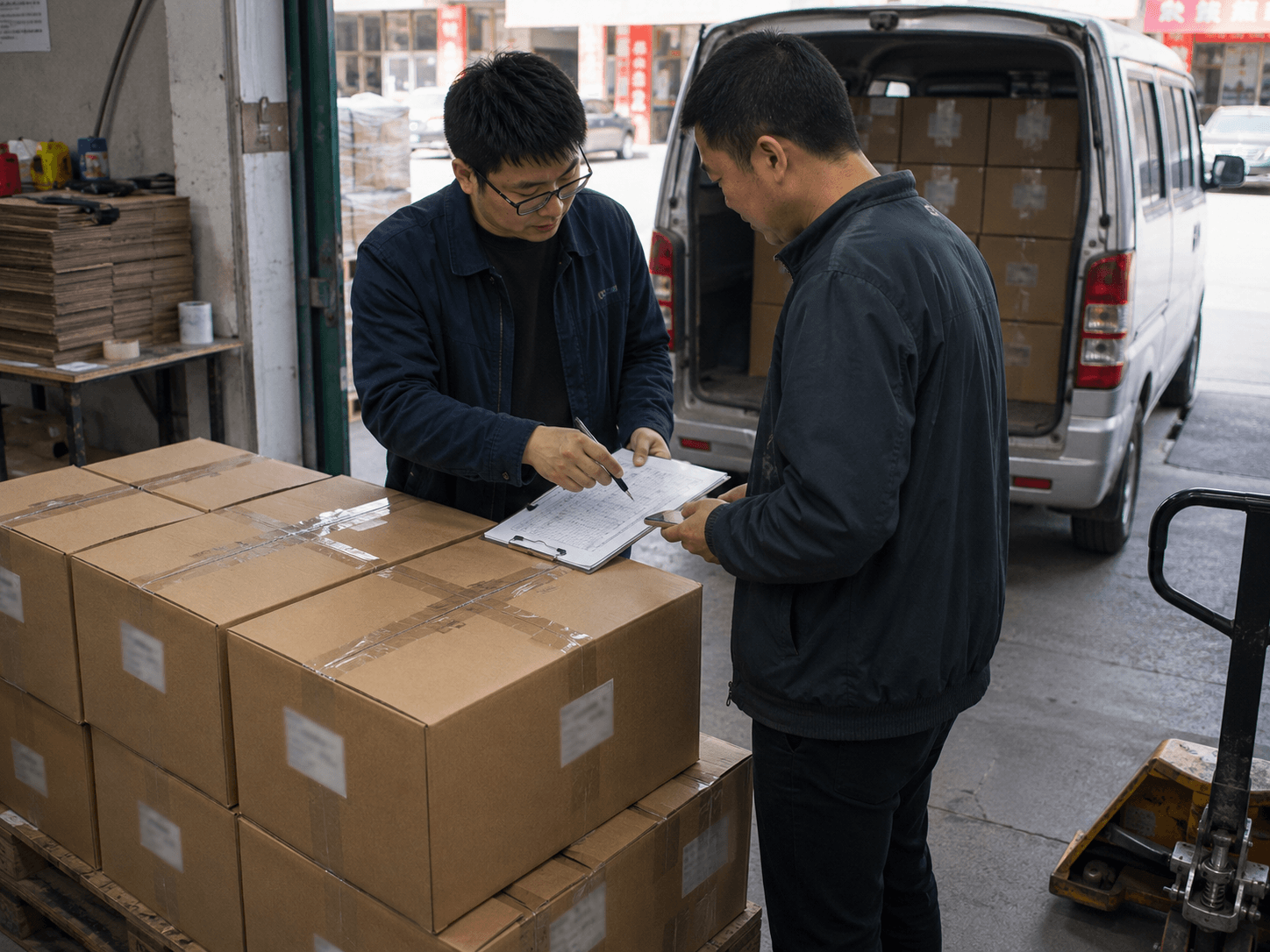 Coordinator confirming carton details before shipment handover