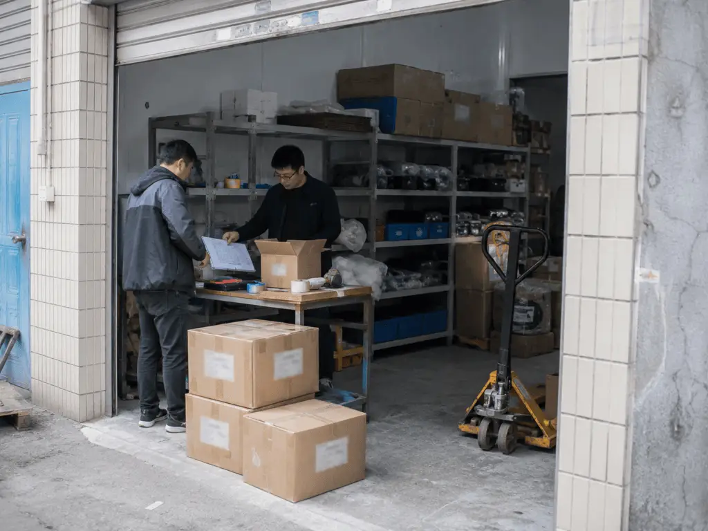 Sourcing coordinator receiving and checking cartons at a working base in Yiwu