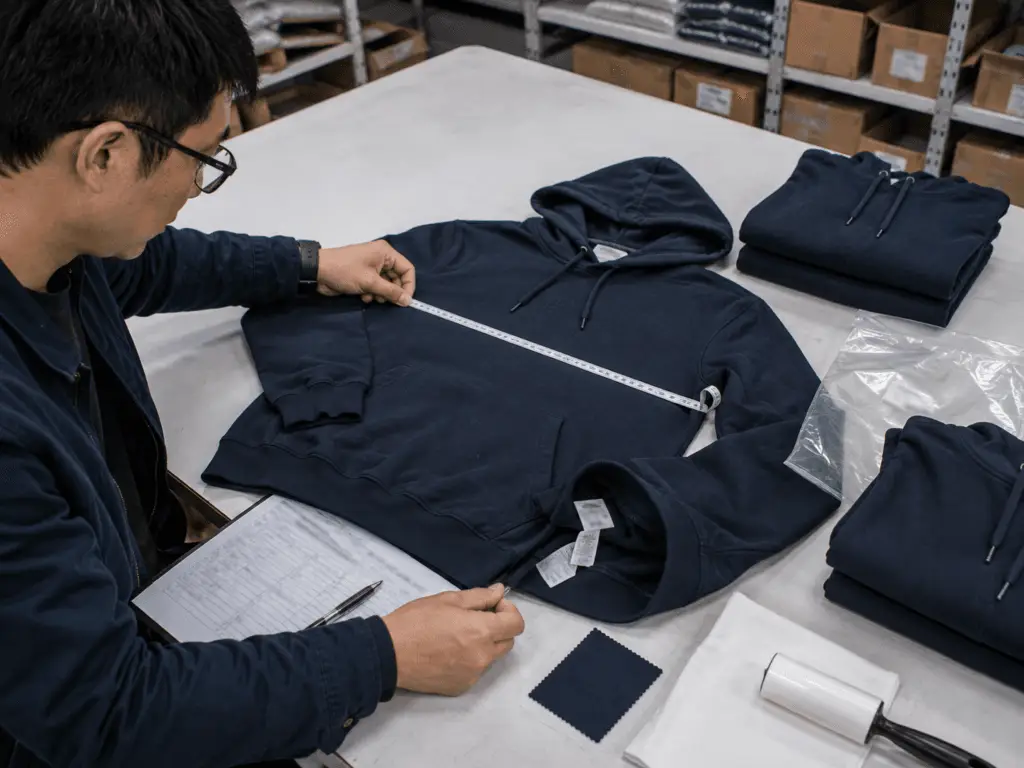 Coordinator measuring an apparel sample during a product inspection