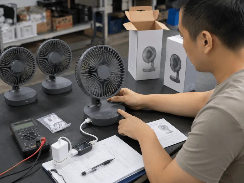 Coordinator testing the basic function and accessories of portable fans