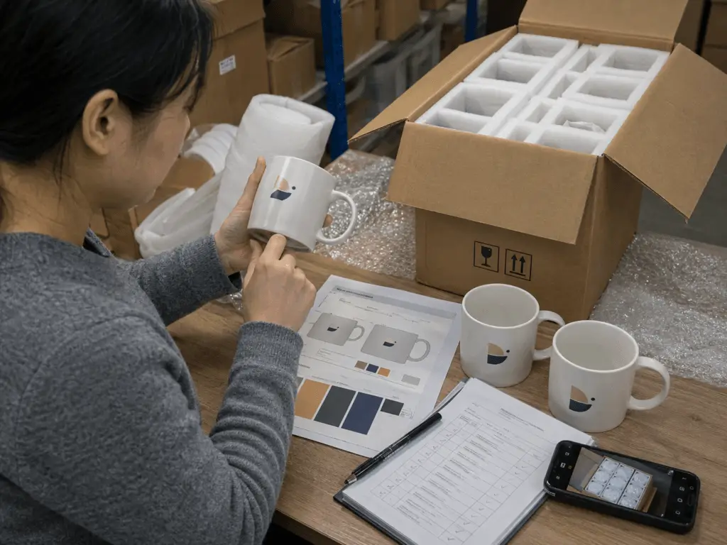Coordinator checking custom mugs and protective packaging