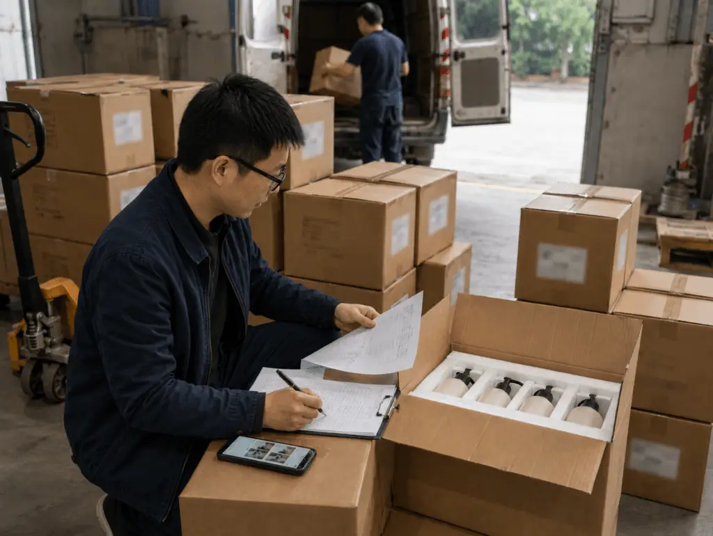 Coordinator confirming carton quantities and packing details before shipping