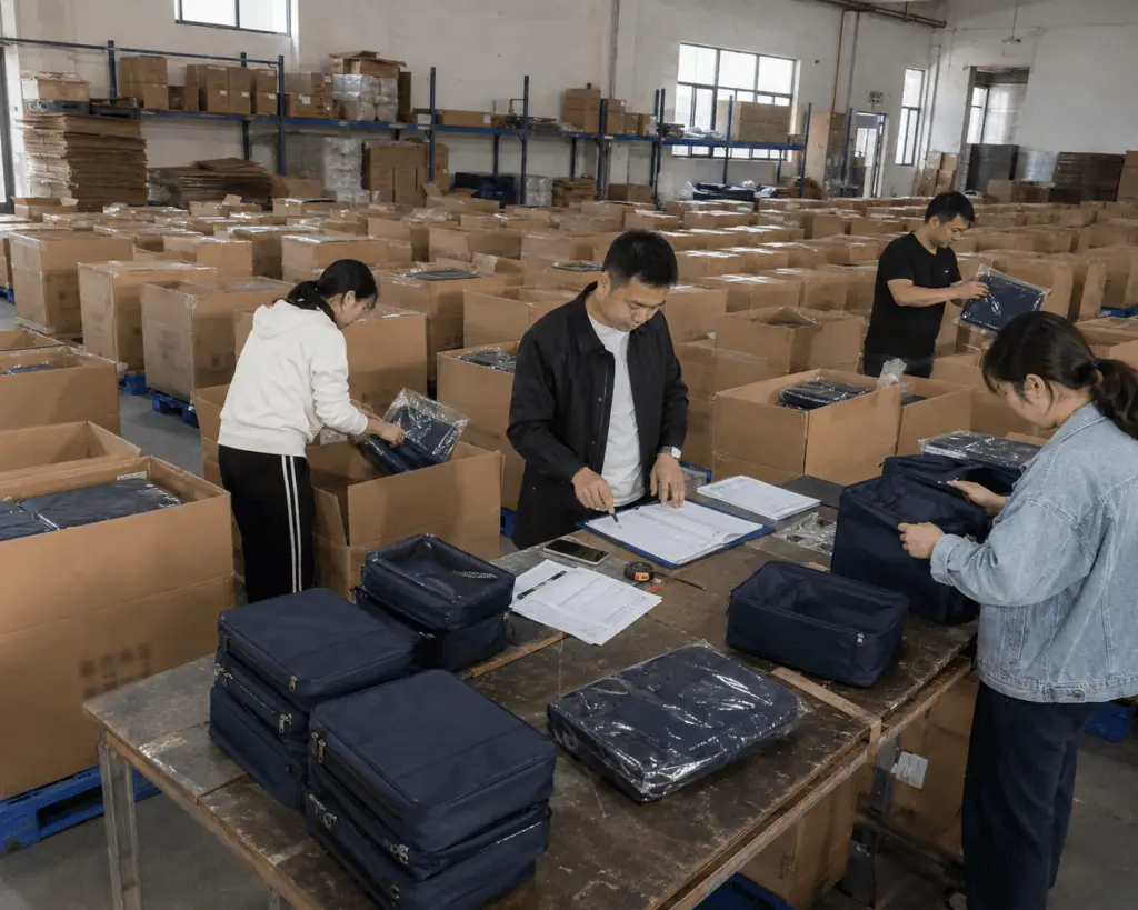 Higher-volume travel bag inspection supervised at a partner warehouse in Yiwu