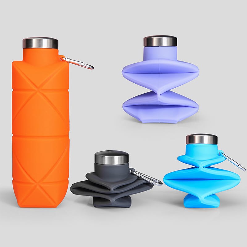 Collapsible silicone water bottle samples in four colours