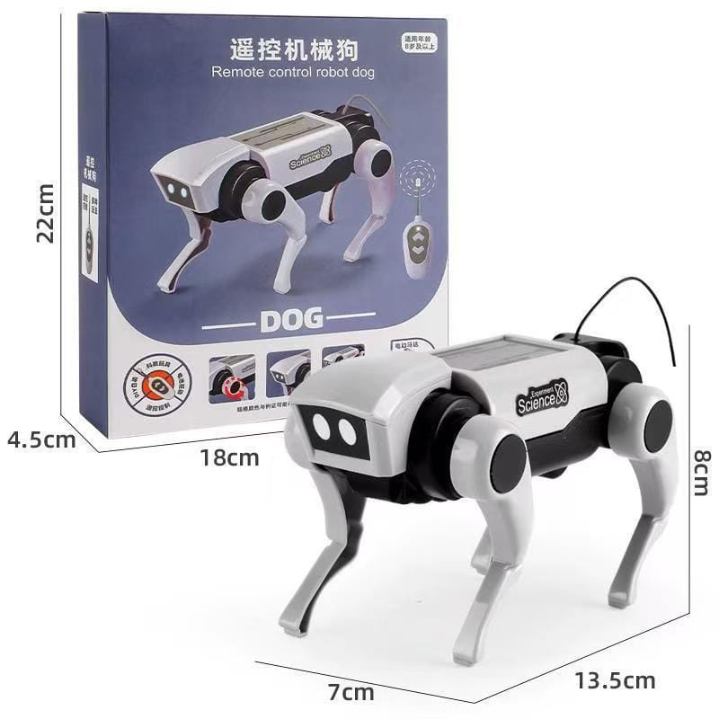Remote-control robot dog sample with packaging and product dimensions